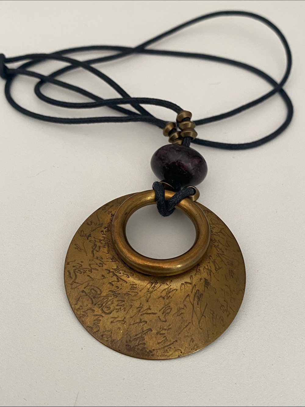 Marjorie Baer exquisitely handcrafted boho brass etched medallion necklace